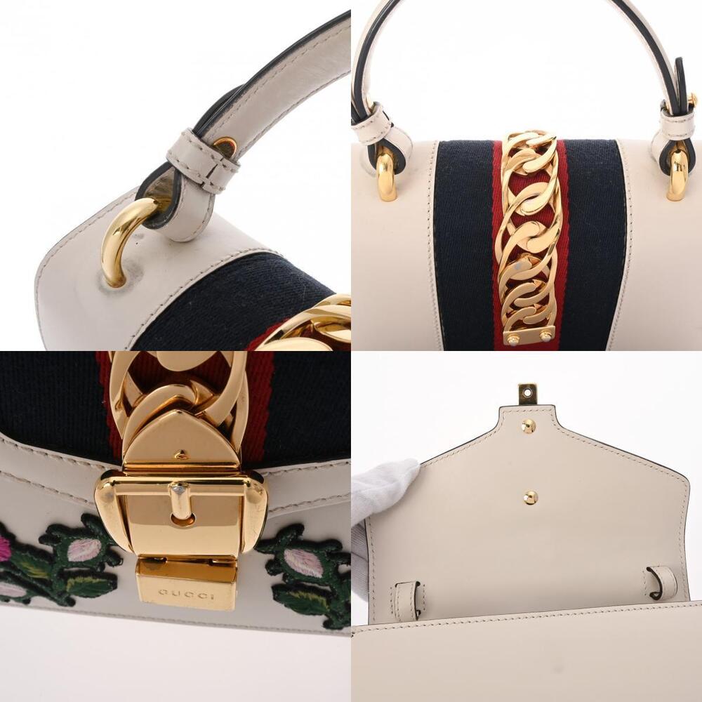 GUCCI Sylvie Flower Embroidery White Leather Canvas Handbag - Picture 9 of 11